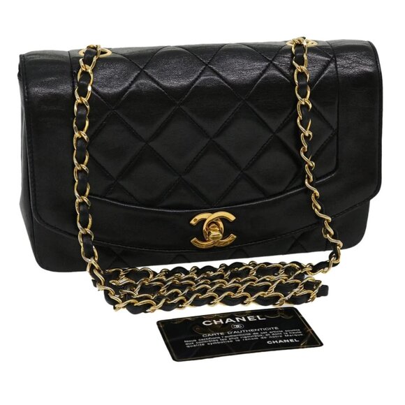 CHANEL Matelasse Diana Turn Lock Chain Shoulder Bag Lamb Skin Black Auth ar7368A - Picture 1 of 16